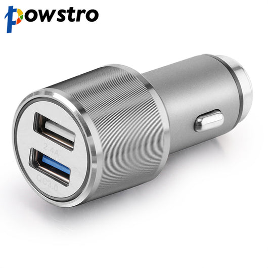 Powstro 12V~24V Quick Charge 3.0 Car Charger Metal Silver Dual USB Phone Adapter fast charging Mobile Phone for Xiaomi Galaxy