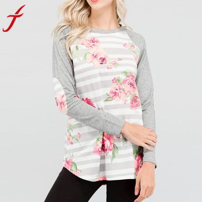 Floral Printed Blouse Women 2017 Autumn Winter White Shirts Long Sleeve Patchwork Striped Print Loose Top Blouse Shirts feminina