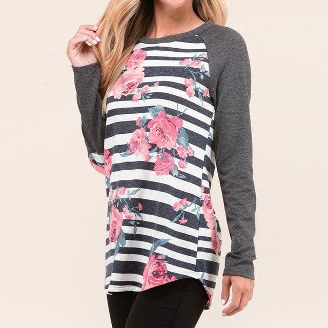 Floral Printed Blouse Women 2017 Autumn Winter White Shirts Long Sleeve Patchwork Striped Print Loose Top Blouse Shirts feminina