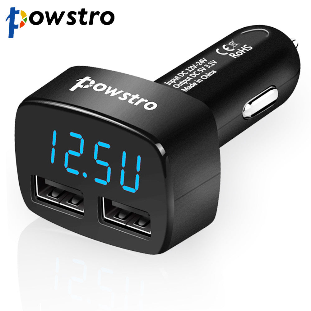 Powsrto Universal LED Display Dual USB Car Charger Adapter 5V/3.1A Voltage Current Temperature Monitor Phone Charger for IPhone