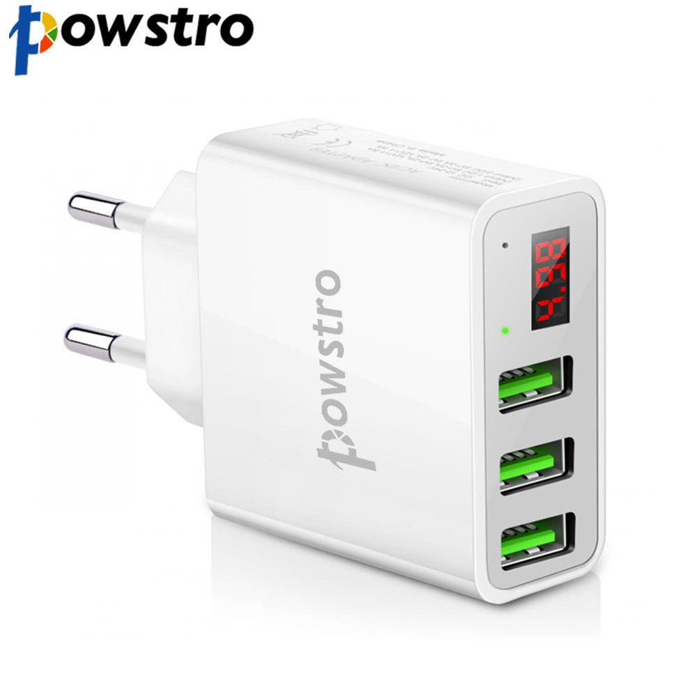 POWSTRO 3 Port USB Phone Charger LED Display EU Plug The Max 3A Smart Fast Charging Mobile Wall Charger for iPhone for Samsung