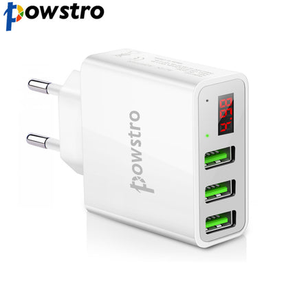 POWSTRO 3 Port USB Phone Charger LED Display EU Plug The Max 3A Smart Fast Charging Mobile Wall Charger for iPhone for Samsung