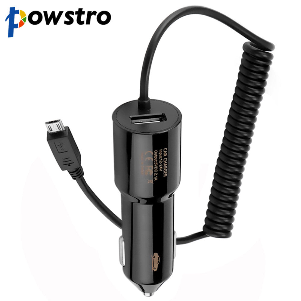 Powstro 2.1A USB Car Charger Built-in Micro USB Cable Lighter Car Phone Charger For Samsung S7 S6 iPhone Mobile Charge