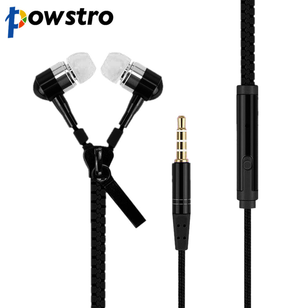 Powstro 3.5mm Earphone Metal Zipper In-Ear Bass Stereo Wired Sports Fashion with Microphone for Samsung iPhone Sony LG Xiaomi