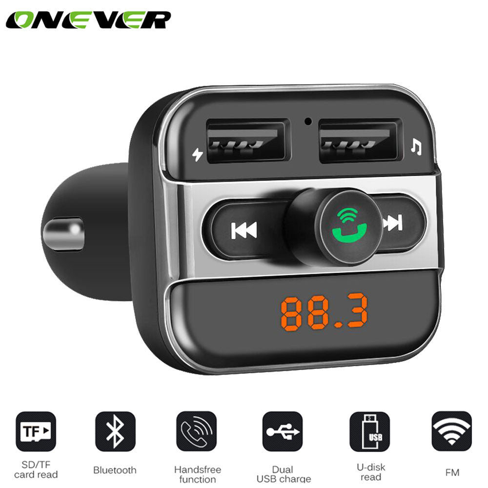 Onever Car MP3 Music Player 2 USB Car Charger Wireless FM Transmitter Handsfree Call Bluetooth Car Kit Support TF Card For Phone