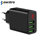 Powstro Universal 5V 3A 3 USB smartphone Charger Current Voltage Display Chargers For iPhone Samsung Xiaomi Huawei Mobile Phone