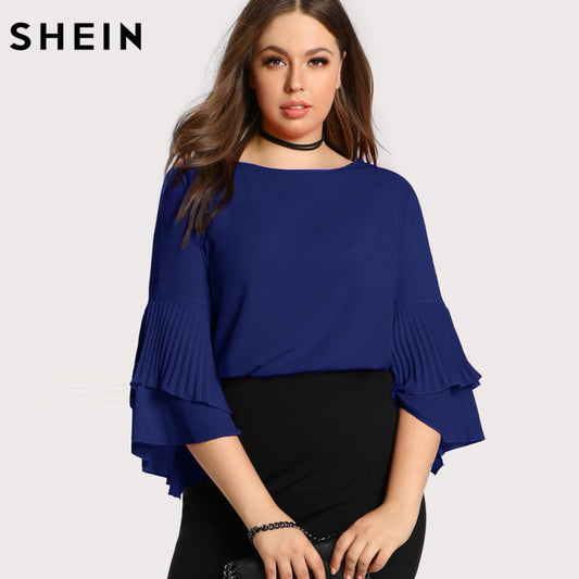 SHEIN Blue Plus Size Women Blouse Fashion Navy Blue Casual Elegant Female Blouses Spring Autumn Three Quarter Length Sleeve Tops