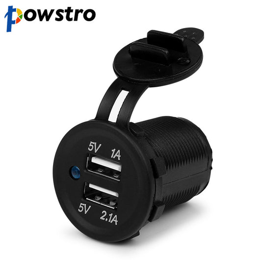 powstro Dual USB Socket Charger Power Adapter Outlet Power 12-24V Mobile Phone Charger 1A/2.1A with LED for Auto Car Truck