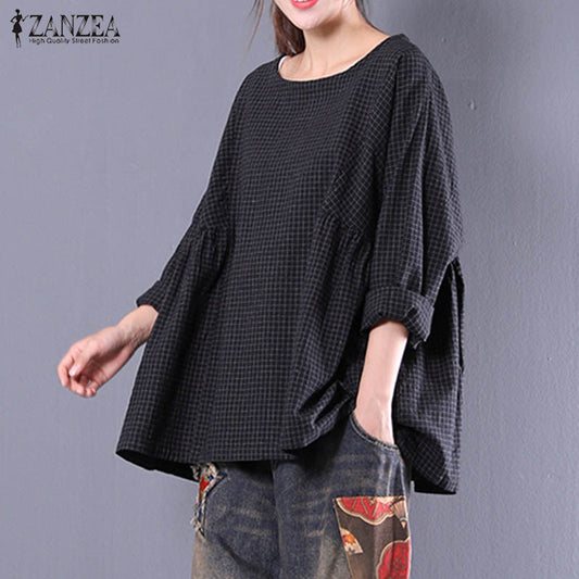 ZANZEA Women Basic Crew Neck Long Sleeve Blusas Autumn Baggy Cotton Linen Check Plaid Shirt Blouse 2018 Casual Loose Tops M-5XL