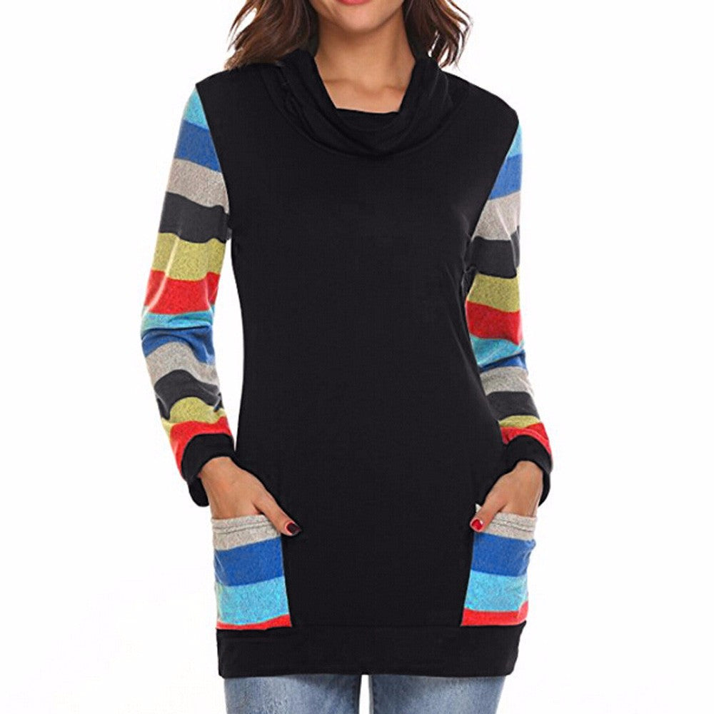 Womens Color Block Striped Blouse Long Sleeve Cowl Neck Patchwork Pocket Top