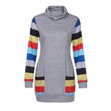 Womens Color Block Striped Blouse Long Sleeve Cowl Neck Patchwork Pocket Top