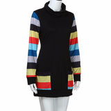 Womens Color Block Striped Blouse Long Sleeve Cowl Neck Patchwork Pocket Top