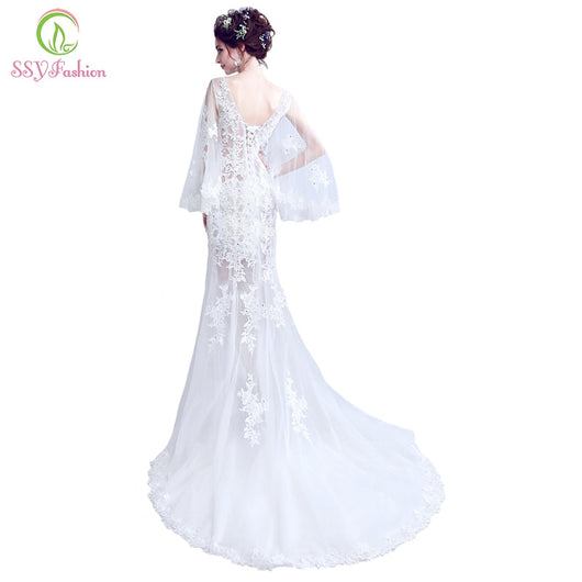 SSYFashion New White Lace Embroidery Mermaid Wedding Dress The Bride Sexy Silm Lllusion with Cape Fishtail Long Wedding Gown