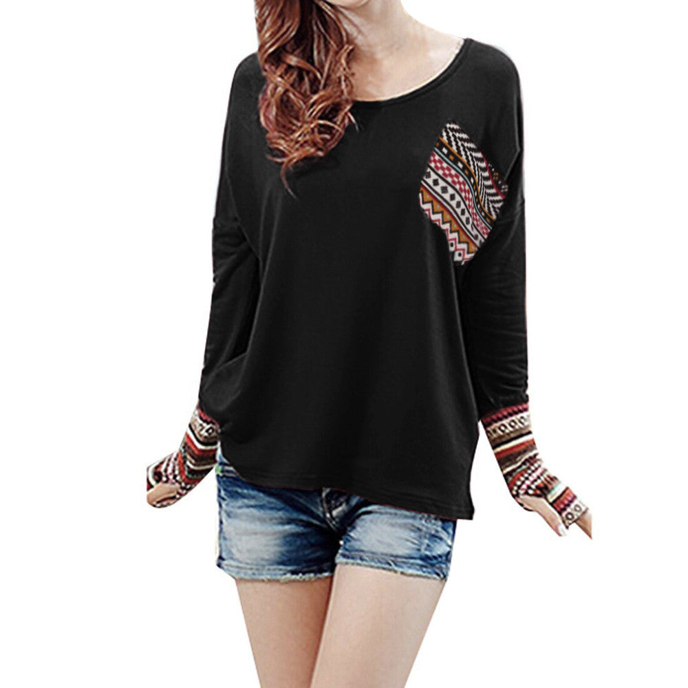 Women's Patchwork Casual Loose T-shirts Blouse Tops With Thumb Holes