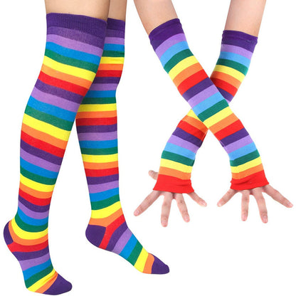 Rainbow Strips Arm Warmer Leg Stocking Colorful Thigh High Socks Fingerless Gloves Sleeve Set for Women Girls