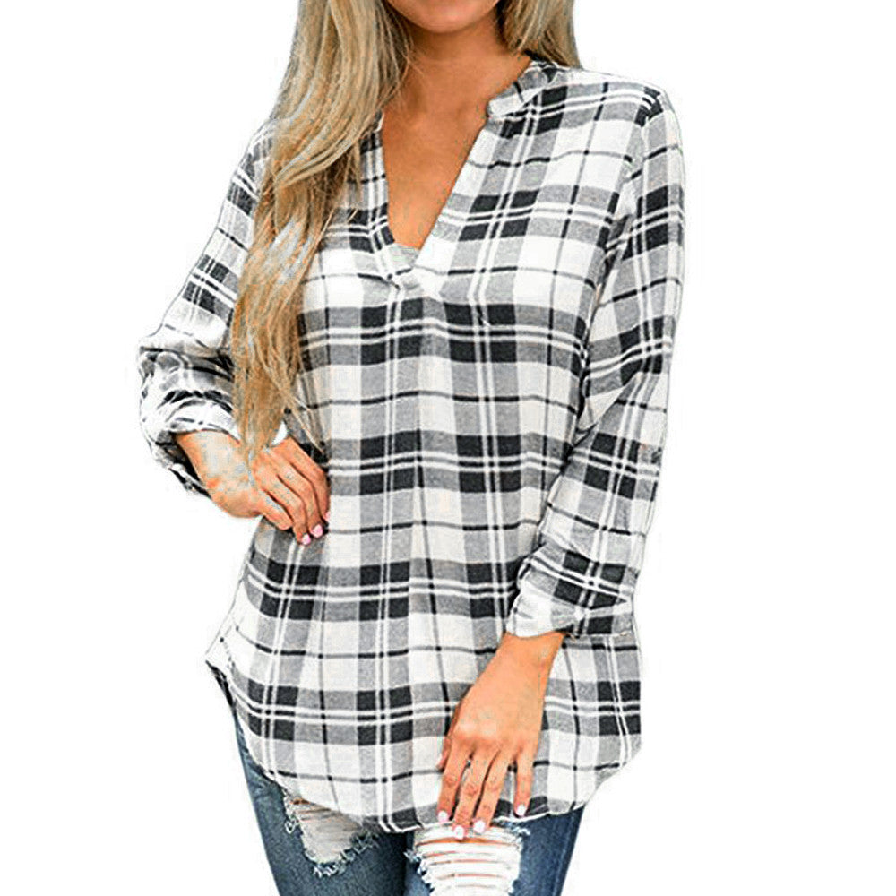 Women Casual Spring Print V-neck Three Quarter Plaid Shirt Top Blouse