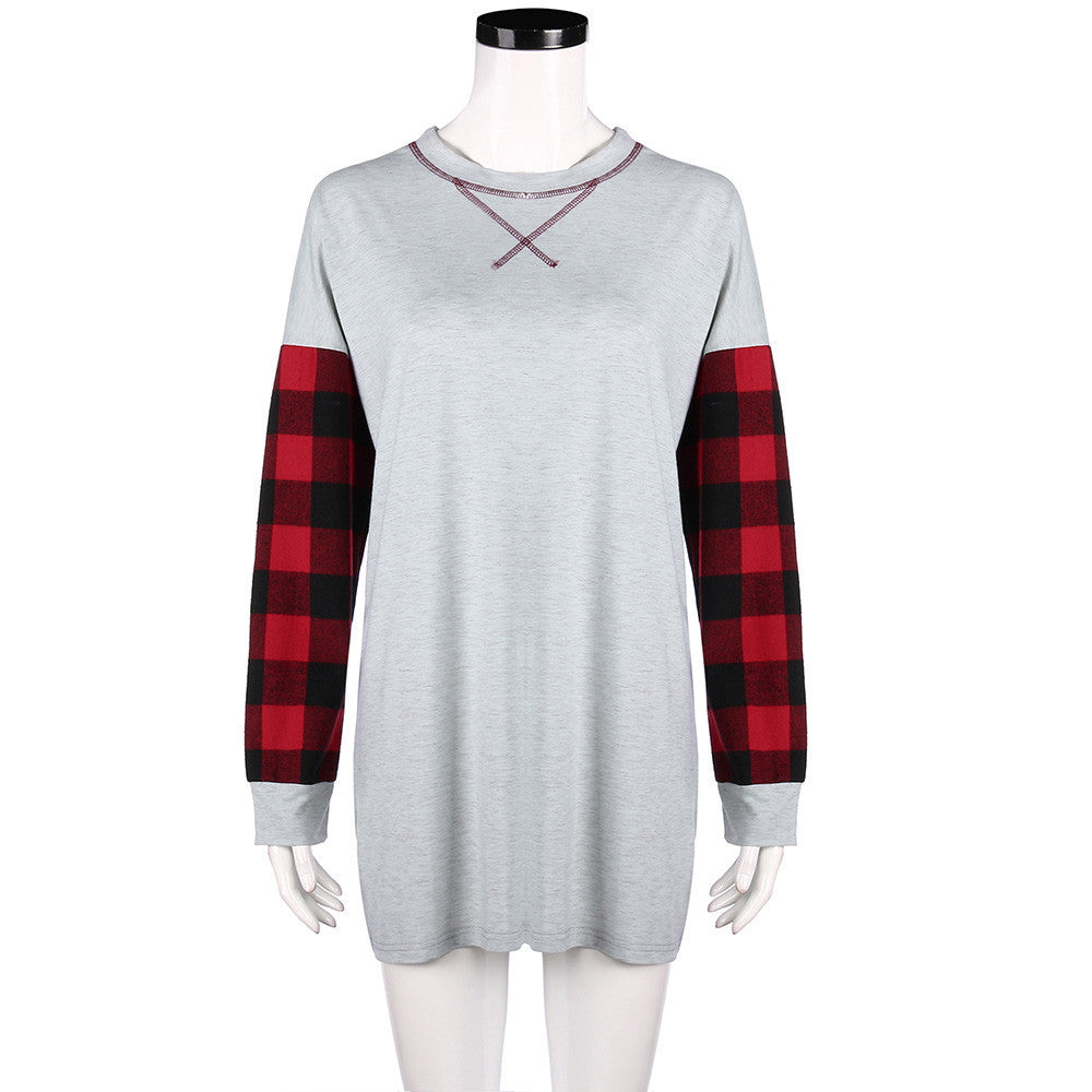 Women Plaid Patchwork Loose Long Sleeve T-Shirt O-neck Pullover Blouse Tops