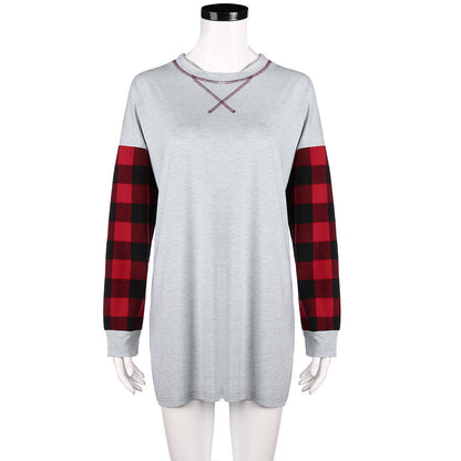 Women Plaid Patchwork Loose Long Sleeve T-Shirt O-neck Pullover Blouse Tops