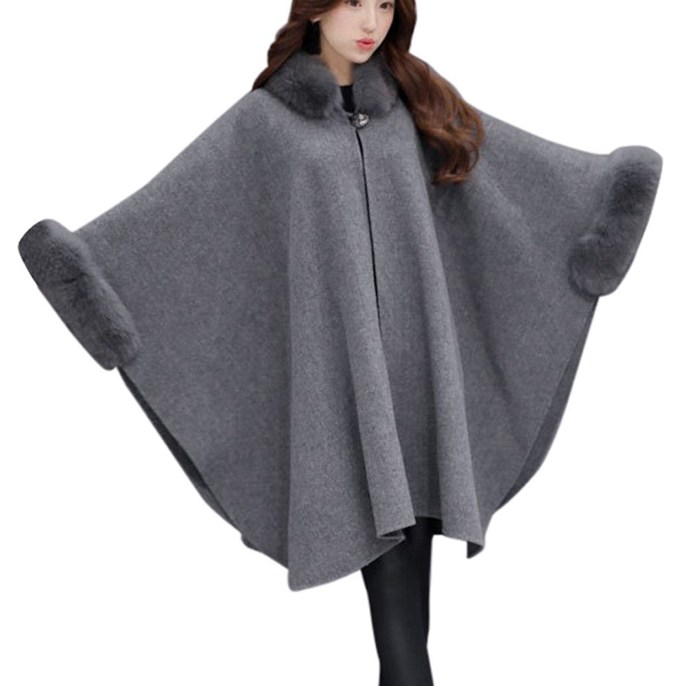 Fashion Women Jacket Casual Woollen Outwear Fur Collar Parka Cardigan Cloak Coat