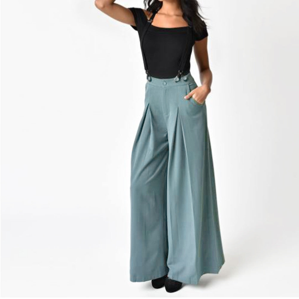 Women Vintage Strap Two Wear Wide Leg Pants Loose Pants Jumpsuit Overalls