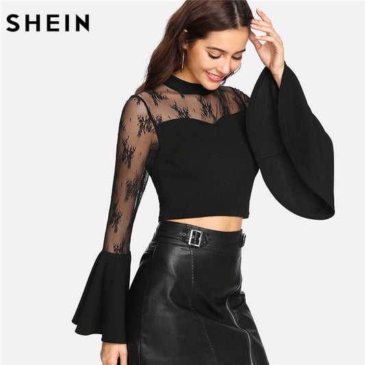 SHEIN Long Sleeve Blouse Elegant Stand Collar Slim Fit Black Women's Blouses Trumpet Sleeve Lace Sweetheart Crop Top