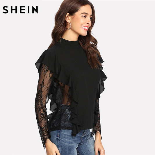 SHEIN Womens Tops and Blouses Sexy Long Sleeve Stand Collar Zipper Back Blouse Flounce Trim Contrast Lace Insert Top