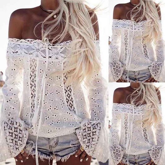 Women Off Shoulder Long Sleeve Lace Loose Blouse Tops T-Shirt