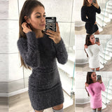 Women Winter Long Sleeve Solid Sweater Fleece Warm Basic Short Mini Dress
