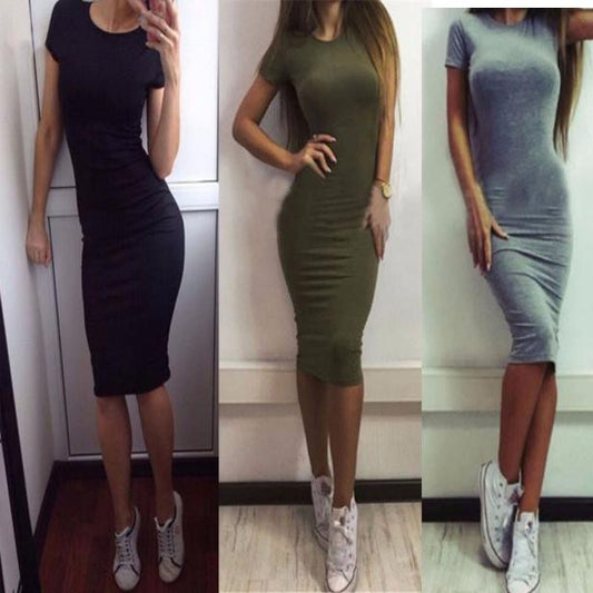 Women Fashion Sexy Solid Short Sleeve  Slim Dress