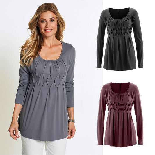 Women Casual Basic Solid Row Pleats Ruched O-Neck Long Sleeve Top T-Shirt Blouse