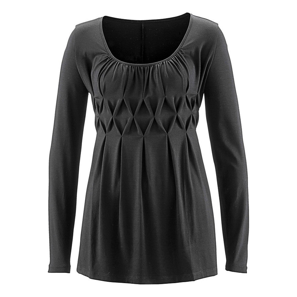 Women Casual Basic Solid Row Pleats Ruched O-Neck Long Sleeve Top T-Shirt Blouse