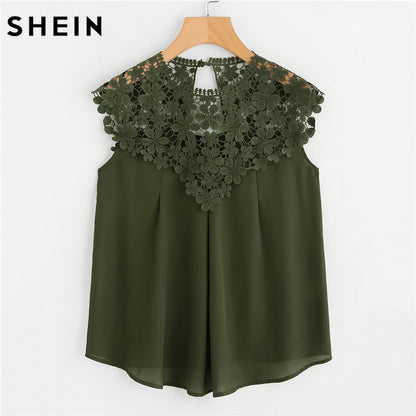 SHEIN Sleeveless Blouse Summer Casual Women Tops Army Green Contrast Lace Keyhole Back Daisy Lace Shoulder Shell Top