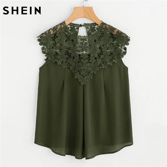 SHEIN Sleeveless Blouse Summer Casual Women Tops Army Green Contrast Lace Keyhole Back Daisy Lace Shoulder Shell Top