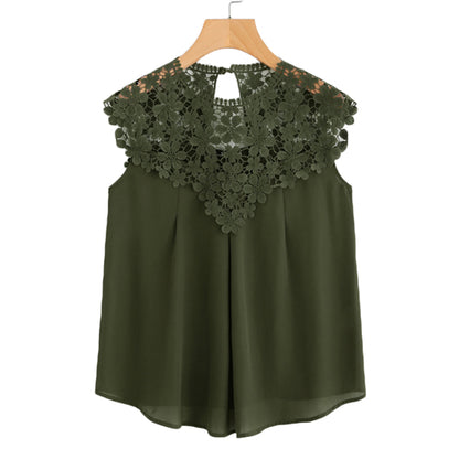 SHEIN Sleeveless Blouse Summer Casual Women Tops Army Green Contrast Lace Keyhole Back Daisy Lace Shoulder Shell Top