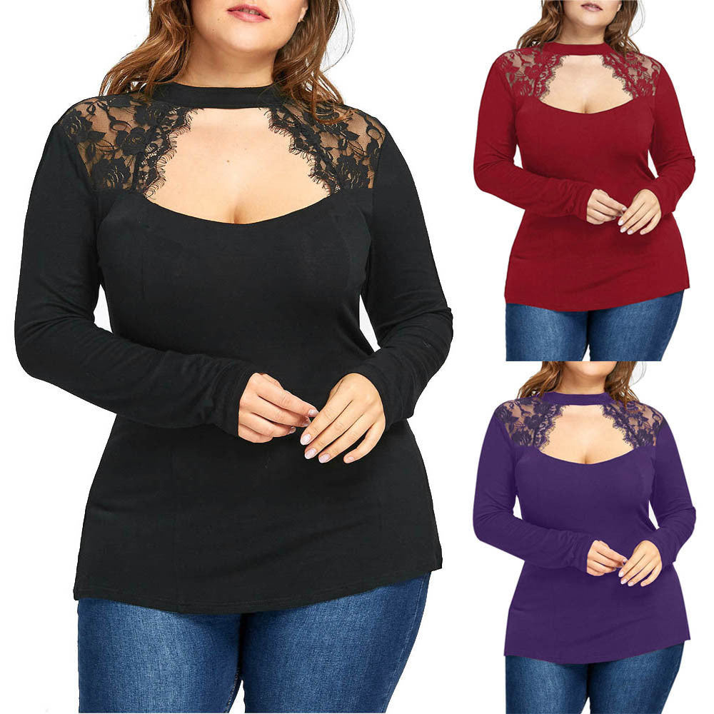 Women's Long Sleeve Solid Plus Size Lace Casual Blouse Loose Tops T-Shirt