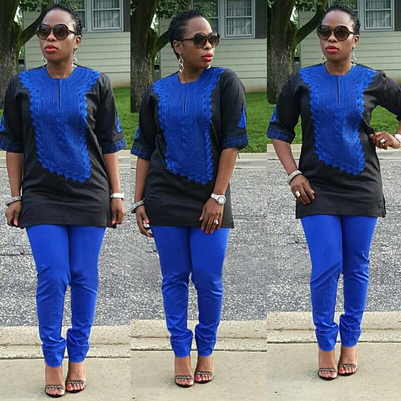 H&D 2018 African women clothing African Traditional set riche bazin embroidery design dresses blue black lady top with pants