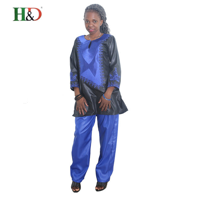 H&D 2018 African women clothing African Traditional set riche bazin embroidery design dresses blue black lady top with pants