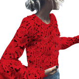 Fashion Womens Lace Long Flare Sleeve Shirt Casual Blouse Hollow Tops T Shirt