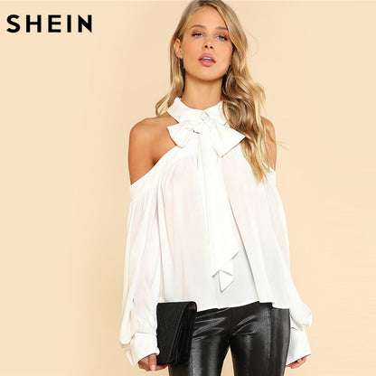 SHEIN White Tie Neck Bow Collar Halter Blouse Women Cold Shoulder Long Sleeve Button Plain Top 2018 Spring Casual Blouse