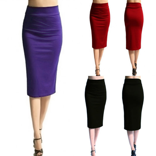 Women Solid High Waist Skinny Stretchy Skinny Slim Knee-Length Pencil Skirts