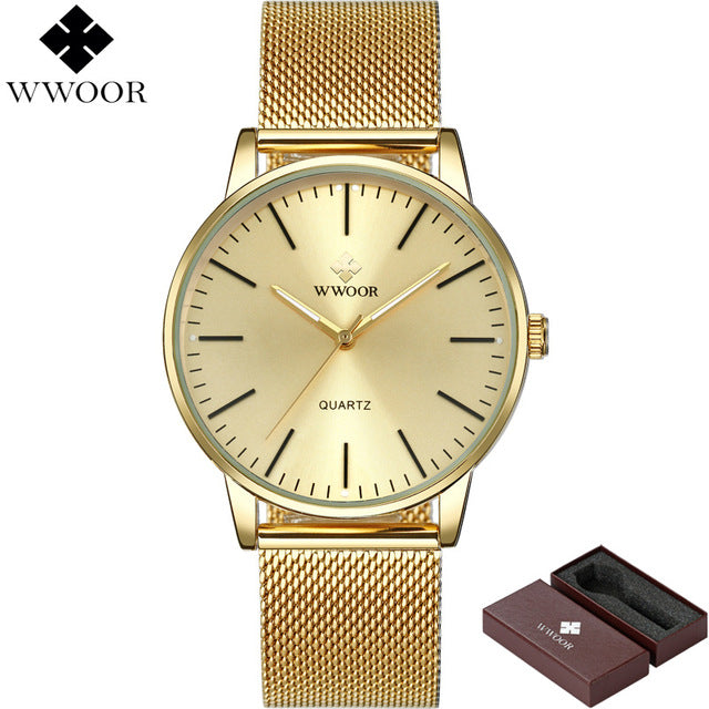 WWOOR Top Brand Luxury Men Waterproof Ultra Thin Gold Watches Men's Quartz Stainless Steel Sports Wrist Watch Male Analog Clock