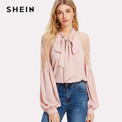 SHEIN 2018 Spring Autumn Pink Women Blouses Long Sleeve Elegant Tops and Blouses Tie Neck Lace Shoulder Lantern Sleeve Blouse