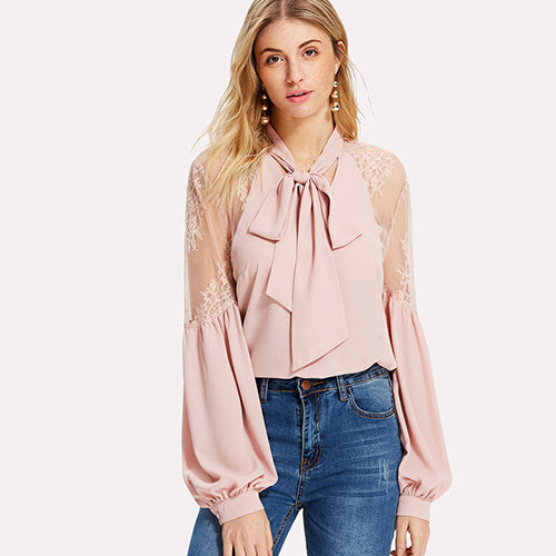 SHEIN 2018 Spring Autumn Pink Women Blouses Long Sleeve Elegant Tops and Blouses Tie Neck Lace Shoulder Lantern Sleeve Blouse