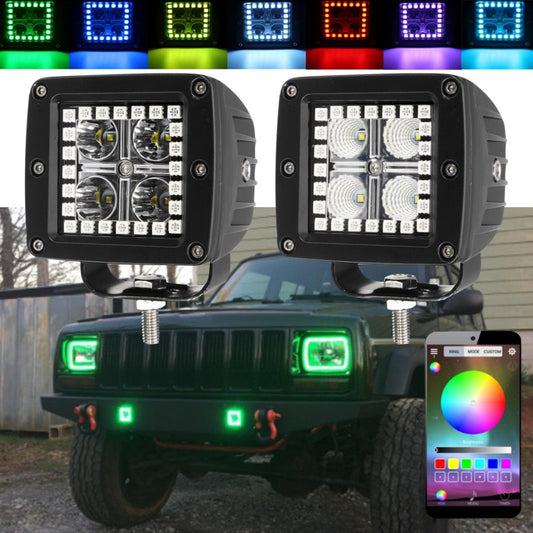 2pcs/set 12W 3 Inch LED Work Light RGB Angel Eye Spot/Flood Driving Work Light Bar APP Remote Control For Jeep SUV Offroad Car