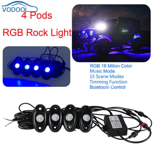 4pcs RGB Lights Wireless Bluetooth Control 12V LED Undercover Lights for Truck Jeep IP67 Decorative Lamp