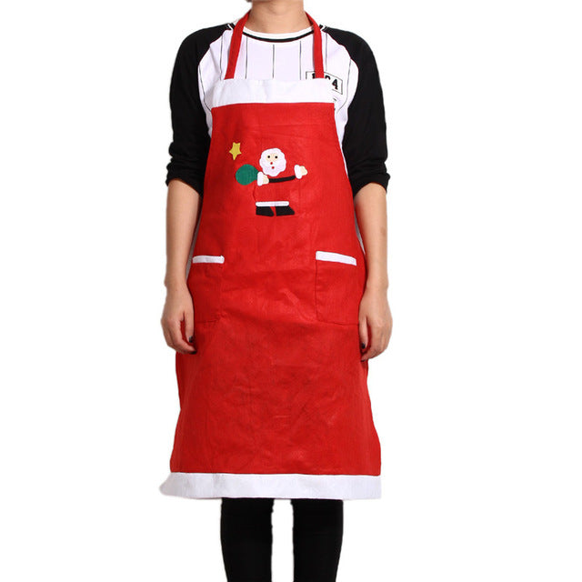 Unisex Red Christmas Applique Aprons Christmas Santa Claus Snowman Kitchen Cooking Waist Aprons with 2 Pockets for Men Women