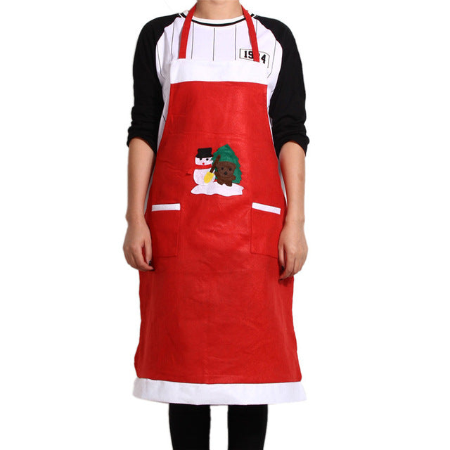 Unisex Red Christmas Applique Aprons Christmas Santa Claus Snowman Kitchen Cooking Waist Aprons with 2 Pockets for Men Women