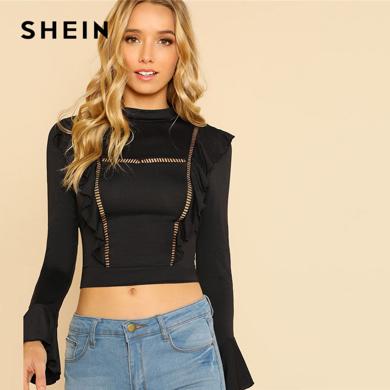 SHEIN Black Eyelet Crochet Insert Ruffle Crop Top Stand Collar Flare Sleeve Slim Blouse Women Sexy Long Sleeve Party Blouse