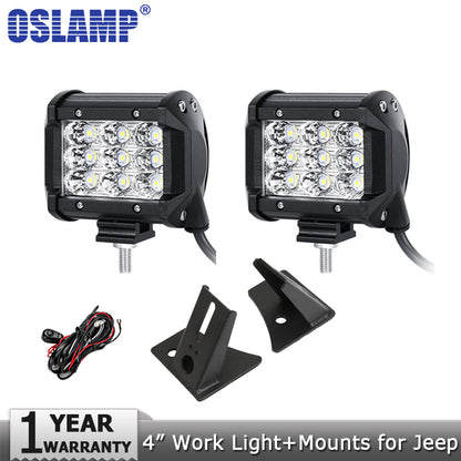 Oslamp 2pcs 4" 36W Spot Flood Beam LED Work Light Headlight Driving Work Lamp 12v 24v+Mount Brackets for Jeep Wrangler 2007-2015