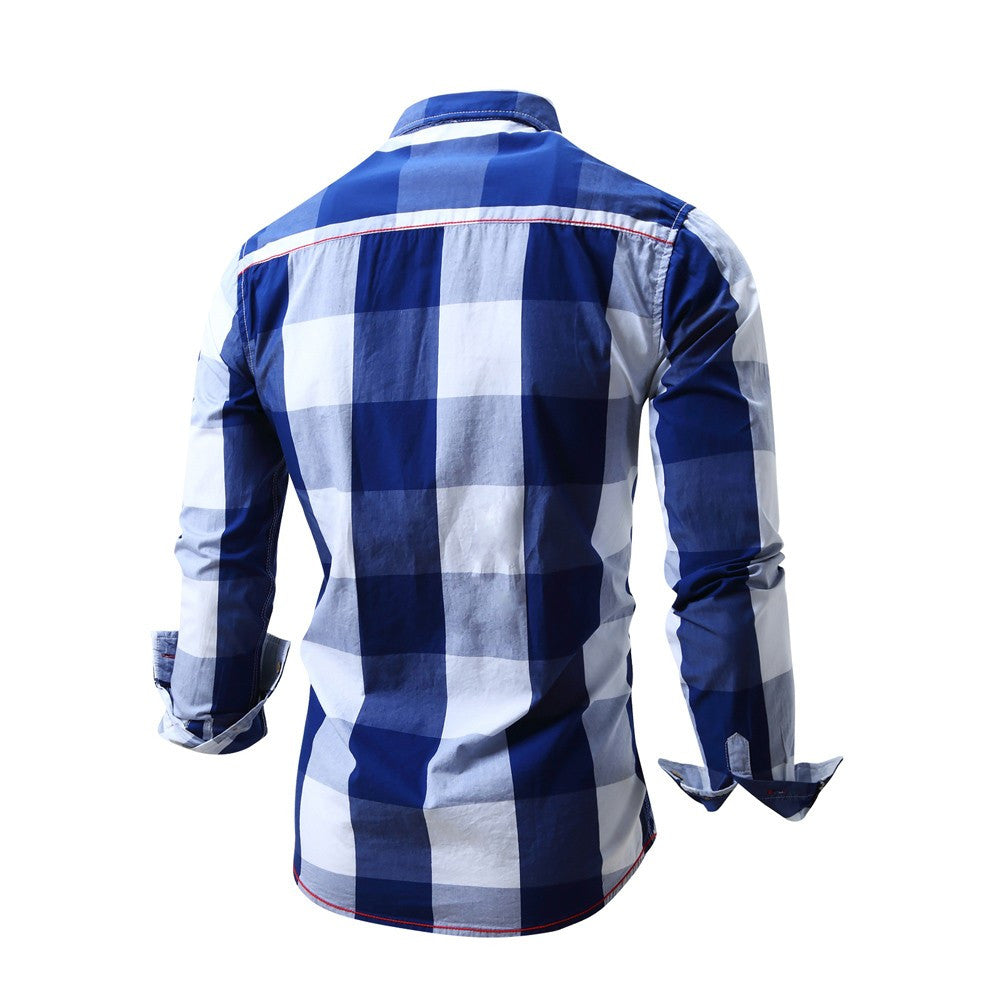 Men's Checked Shirt Long Sleeve Non-Iron Casual Blouse Cotton Slim Fit Plaid Top